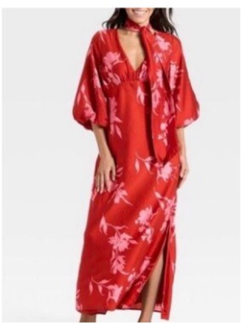a new day Red Maxi Dress with Pink Floral Print